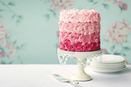 Photo for Ombre cake with piped buttercream roses in shades of pink - Royalty Free Image