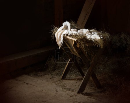Photo for Empty animal shed retro white veil cloth give human gospel trough bed object card backdrop text space. Dark black cute antique son boy Lord Immanuel sleep bless pray soul love hope sign concept scene - Royalty Free Image