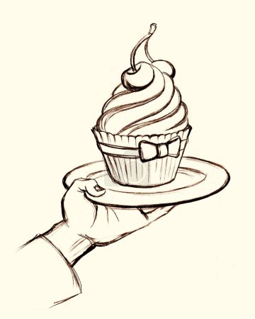 Photo for Black pencil drawn human lady girl arm buy bow whip wed holiday fruit bake candy tart gift shop. Happy female kid child like sale man take junk snack retro sign icon symbol pen sketch art idea concept - Royalty Free Image