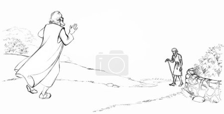 Photo for Asian sad lost sin Jewish male guy see crisis worker stick trip rural land way. Old poor torn robe cloth sin jew cry look Israel God Jesus Christ happy joy faith retro hand drawn east Arab sketch art - Royalty Free Image