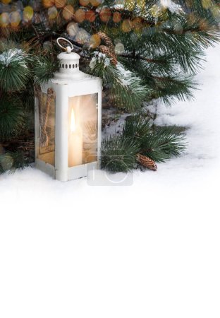 Photo for Happy merry noel advent eve frozen ice still life text space scene. Retro rusty scenic view glitter art ornate pine outside bright fire flame burn lit party symbol banner decor greet card style design - Royalty Free Image