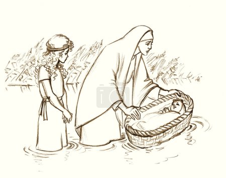 Moses 'Mutter legt ihn in einen Korb auf dem Fluss. Bleistiftzeichnung