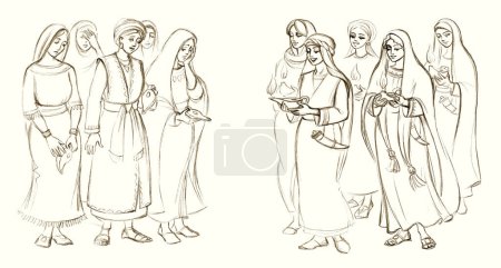 Joy happy jew arab shawl cloth smile lady face look king god lord Jesus Christ old retro art sketch picture. Dark black hand drawn rural sleep wake up sad quench rustic white faith hope teach allegory