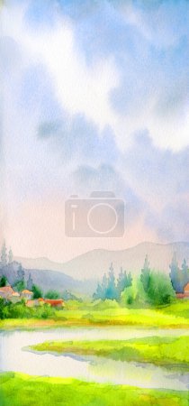 Hand drawn paint artwork sunny heaven scene sketch text space backdrop. Light calm old Europe travel hill land swamp creek bay green grass lawn bush fir plant fall fog mist abstract artist scenic view