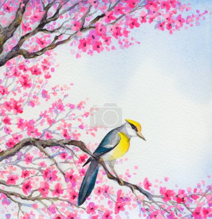 Bright colorful watercolour on paper backdrop in Japan sketch style with space for text on white sky. Cute golden american parus major oriolus on old sprout of lush pink scarlet flowery orchard yard