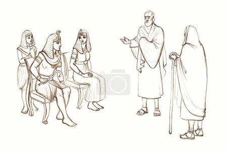 Photo for Luxury cloth guy cane rod stick ask lord order let go torah scene Black line hand drawn retro age nobl holy male jew elder senior priest stand offer sign faith story east arab cartoon art sketch style - Royalty Free Image