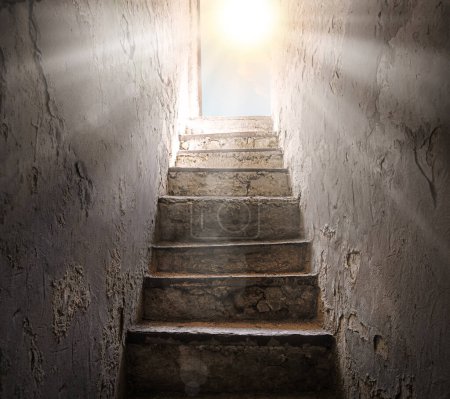 Light white glow top rusty fort trap jail hall down history tomb cave cell room. Gloomy lead raise climb high tall walk upward home ladder case gate aim lit dim day sun beam sky hope concept backdrop