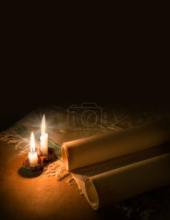 Photo for Grunge age dirty brown pray belief Moses law believe dark night wooden desk table space. Closeup judaic sacred church library prayer culture god Jesus Christ literary past art wood still life concept - Royalty Free Image