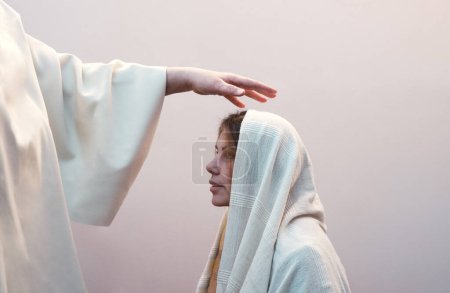 Photo for Close up old age holy jew male apostl father Lord hold arm abov give oil cure ill sick white rite vow win life. Choose call young lady face beg ask help joy hope retro biblic happy wed love bride veil - Royalty Free Image