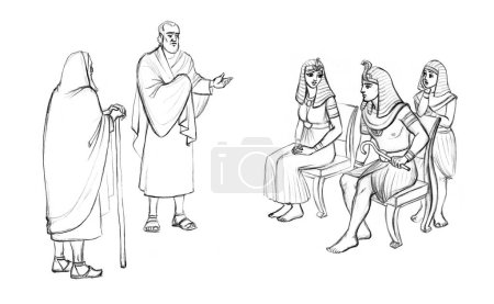 Photo for Luxury cloth guy cane rod stick ask lord order let go torah scene Black line hand drawn retro age nobl holy male jew elder senior priest stand offer sign faith story east arab cartoon art sketch style - Royalty Free Image
