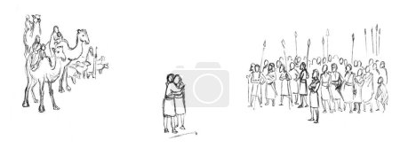 Photo for Retro old age male strong armor war guard big arm troop human crowd Canaan field land scene. Middle east black hand drawn jew beg God faith kid herd camp win story Islam Muslim cartoon line art sketch - Royalty Free Image