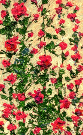 Gouache wilden Frühling rustikale Szenenansicht. Lebendig rosa Althaea handgezeichnetes Acryl auf hellem Papier im modernen Spot-Canva-Stil. Leuchtend scharlachrote Farbe szenische Malerei. Rugosa-Blütenstrauch auf gelber Abendsonne