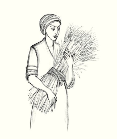 Young Jew east Israel Muslim Arab human old man arm white rustic spring garden land grow plant seed job. Hand drawn art sketch happy joy Asian Jewish maid lady servant face carry ripe summer meal eat