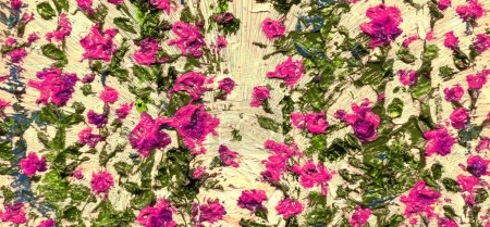 Gouache wilden Frühling rustikale Szenenansicht. Lebendig rosa Althaea handgezeichnetes Acryl auf hellem Papier im modernen Spot-Canva-Stil. Leuchtend scharlachrote Farbe szenische Malerei. Rugosa-Blütenstrauch auf gelber Abendsonne