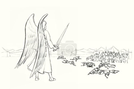 Power Israeli human male mass group scary evil sin curse anger fear die lie arm beat wing spirit fighter desert army save life loss white sky scene. Lay ill sick jew hand draw old myth story retro art