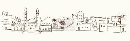 Photo for Retro vintage past bible jew age rural orient country Medina palm tree urban scene text place white sky scenic view. Outline hand draw Iran Iraq Oman tower travel sketch line cartoon biblic art vector - Royalty Free Image