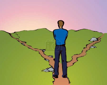 Illustration for Possible 2 dilemma risk wrong left street trail walk select journey go. Color line hand drawn human guy action start pose. Field route icon sign sketch. Modern art cartoon style. Behind rear sky view - Royalty Free Image