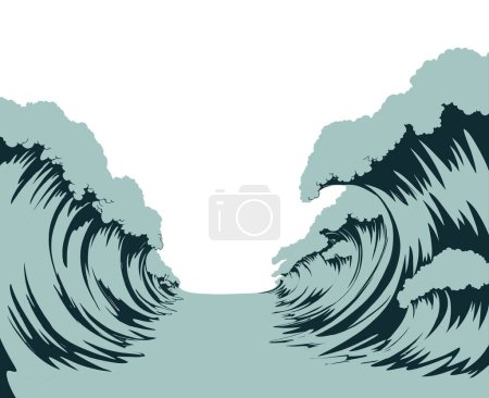 Illustration for Israeli people escape old egyptian slavery scenic view. Blue sky text space. Vintage exodus art line hand drawn sketch. Big giant high power danger red egypt liquid surf tsunami separate wonder scene - Royalty Free Image