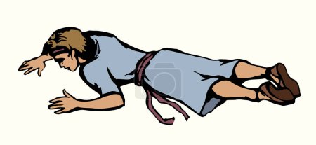 Illustration for Young lost ill sick faint tired sad grief drinker jewish male kid boy guy nap cry ask god rest. Hand drawn unwell drunk drug sleepy relax arab girl pain face weep aid old retro muslim islam vector art - Royalty Free Image