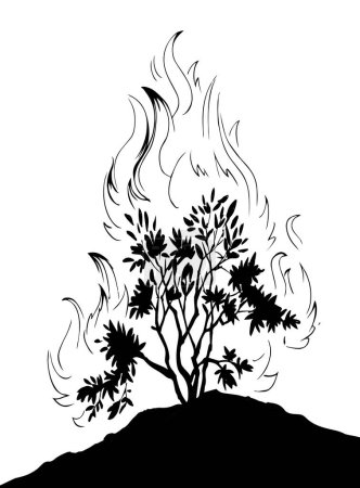 Illustration for Closeup old holy bright fiery hot ash branch hazard scene view light white sky text space. Line dark black hand drawn global warm egypt life icon logo sign concept ancient art cartoon story tale style - Royalty Free Image