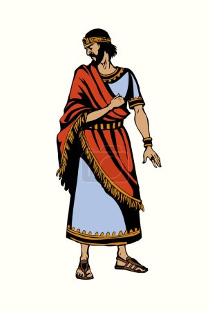 Illustration for Middle east Sumer old past age stress jew David golden dress cloth costume Iraq male noble royal lord Saul look stand judge. Hand drawn Syria Iran Darius Xerx human retro Herod fear Ahab god story art - Royalty Free Image