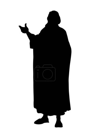 Illustration for Holy happy jew guy god believe wise male rabbi priest stand speak rise arm story symbol sign icon. Hand drawn dark black art retro age middle asia saudi arabia ethnic welcome view white sky text space - Royalty Free Image