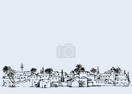 Aged middle east antique turkey travel orient sand palm tree desert oasis scene blue sky vintage white tower dwell view. Bright color hand drawn tourist picture retro cartoon graphic style text place
