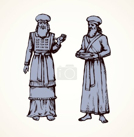 Illustration for Moses torah historic divine ministry culture. Old bearded Aaron in tunic, turban with blood of sacrifice sin. Line black ink hand drawn judaic levit leader sketch in vintage art east engrave silhouette style - Royalty Free Image