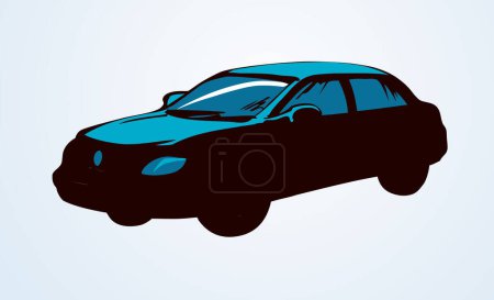 Téléchargez les illustrations : Cute city ad steering taxicab sedan smooth shape on white backdrop. Bright blue color hand drawn logo sign pictogram emblem sketch in art scribble style on paper space for text. Side view - en licence libre de droit