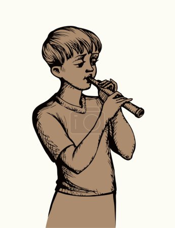 Illustration for Young happy joy rural small male guy face stand fun arm hobby cute loud horn audio solo pray. Black pen hand drawn art old retro cartoon sketch style little human girl youth relax bible nation artist - Royalty Free Image
