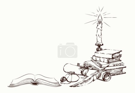 Illustration for Grunge age worn holy jewish psalm teach pray open torah law page table diary blank novel card text space. Black line ink quill pen hand drawn biblic god literary sign icon sketch art still life frame - Royalty Free Image
