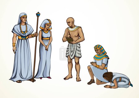 Illustration for Young adult male arab guy human ethnic white dress cloth crown chief guard ruler jail prison worker face bow cry pray beg god story. Hand drawn retro old retro age israel boy story art sketch culture - Royalty Free Image