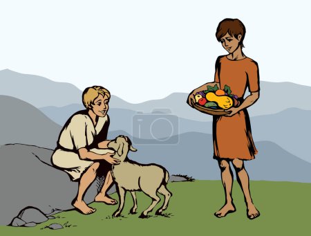 Illustration for Asian Israel jewish 2 arab tribe villag young teen guy worker hold male ram baby kid goat pet flock sky. Middl east evil arabian jew human Adam son envy sin slave worship god Asia story hand drawn art - Royalty Free Image
