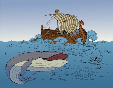 Illustration for Past blue viking history bible age travel norway pirate mast deck float wind white even sky. Black line hand drawn big wild baleen mouth giant fin jump tail sink retro biblic story cartoon art sketch - Royalty Free Image