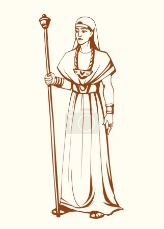 Illustration for Young adult east asia bible jew girl gold outfit cloth dress stand arab boy guy master staff cane chief leader prince. Black pen line hand drawn past age asian jewish biblic god sketch art white style - Royalty Free Image