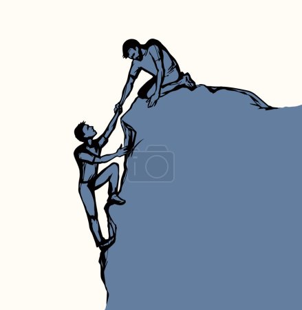 Illustration for 2 work risk human leader render union trust try effort crisis life arm reach up hang fail hiker white sky. Line aid care sketch graphic vector art cartoon unity high hill canyon peak gap pit top win - Royalty Free Image