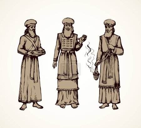 Illustration for Moses torah historic divine ministry culture. Old bearded Aaron in tunic, turban with censer of incense. Line black ink hand drawn judaic levit leader sketch in vintage art east engrave silhouette style - Royalty Free Image