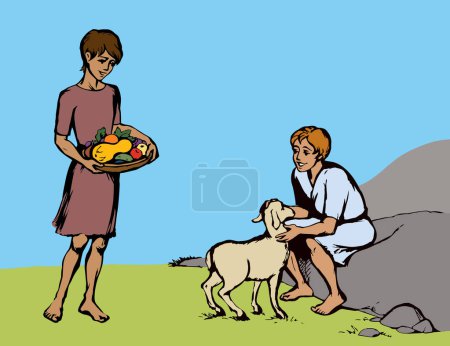 Illustration for Asian Israel jewish 2 arab tribe villag young teen guy worker hold male ram baby kid goat pet flock sky. Middl east evil arabian jew human Adam son envy sin slave worship god Asia story hand drawn art - Royalty Free Image