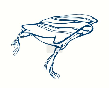 Ilustración de Antiguo templo judaico ceremonia étnica kipur shabat shofar varón usar lana tela prenda azul franja borla nudo bar bendecir cultura. Mano negra dibujar vector icono signo bosquejo antiguo estilo de arte de línea vintage - Imagen libre de derechos