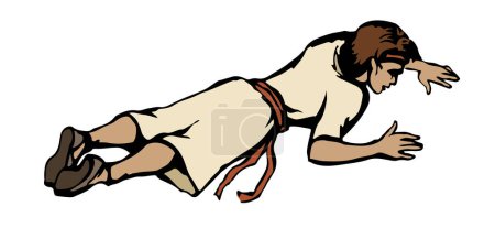 Illustration for Young lost ill sick faint tired sad grief drinker jewish male kid boy guy nap cry ask god rest. Hand drawn unwell drunk drug sleepy relax arab girl pain face weep aid old retro muslim islam vector art - Royalty Free Image