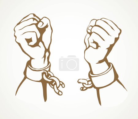 Illustration for Close up power courage rebel human clench enslave fist fight unchain tear white sky text space. Line black drawn hostage hope metal law tied trap change sin save win protest sign sketch as art cartoon - Royalty Free Image