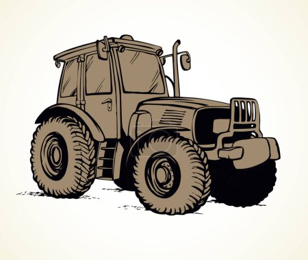 Illustration for Classic village land agrimotor utility model with big rubber bus. Freehand linear ink hand drawn icon picture sketchy in art doodle style pen on paper. Side view with space for text on ground - Royalty Free Image