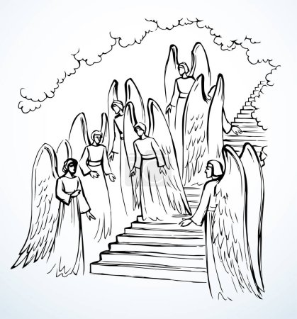 Téléchargez les illustrations : Le dessin vectoriel. Anges dans les escaliers menant au ciel - en licence libre de droit
