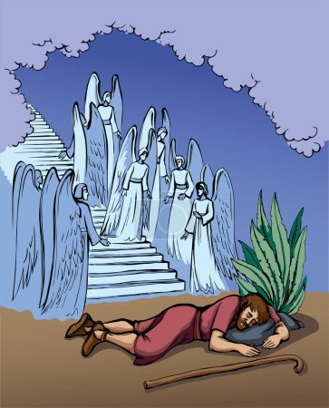 Vector drawing. Angels on the stairs leading to heaven