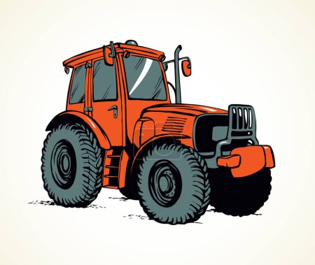 Illustration for Classic village land agrimotor utility model with big rubber bus. Bright red color hand drawn icon sign logo symbol picture in art doodle style. Side view with space for text on white ground - Royalty Free Image