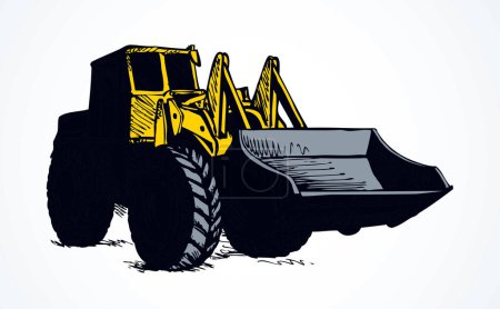Illustration for Steel scrape push load traction on big rubber bus tire isolated on white background. Bright yellow color hand drawn sign icon pictogram in modern art doodle style with space for text on sand dirt land quarry - Royalty Free Image