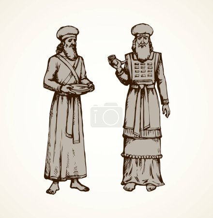 Moses torah historic divine ministry culture. Old bearded Aaron in tunic, turban with censer of incense. Line black ink hand drawn judaic levit leader picture sketch in vintage art east engrave silhouette style
