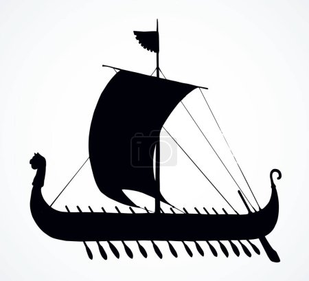Archaic past century wood oar shield Greek galleon. Black ink stripe hand drawn roman merchant trade colonize logo icon sign symbol design white paper sketch in aged art retro graphic etch print style