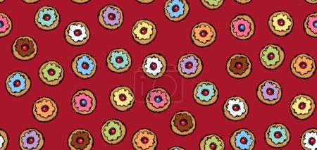 Illustration for Greet happy party jew hannukah fast cafe meal isolated on dark burgundy backdrop. Tileable bright color hand drawn round hanukiah fat sweet sugar glaze frost soft cookie design art retro doodle cartoon vector - Royalty Free Image
