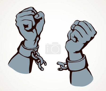 Close up power courage rebel human clench enslave fist fight unchain tear white sky text space. Line black drawn hostage hope metal law tied trap change sin save win protest sign sketch as art cartoon
